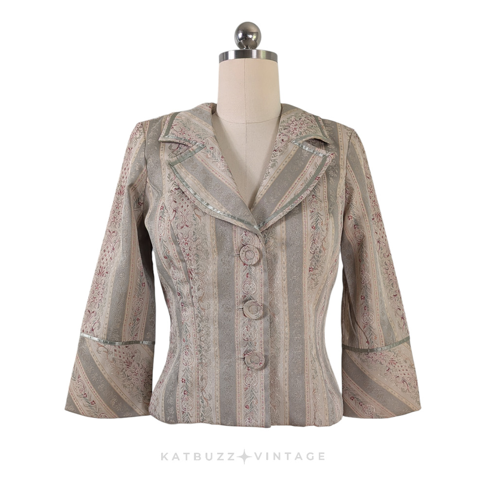Y2K Floral Blazer Jacket M Beige Green Whimsigoth Vintage Indie Cottage Brocade